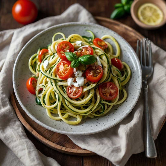 Summer Fresh Zoodles with Greek Yogurt and Tomato Medley Veggie Pasta Recipe