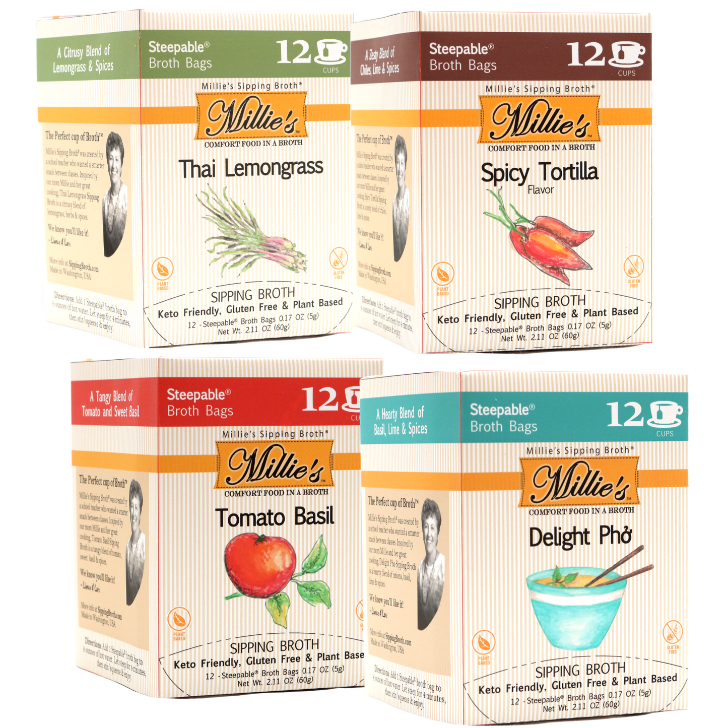 Millie's Sipping Broth 4 BOX Flavor Value Sampler (48 Servings)