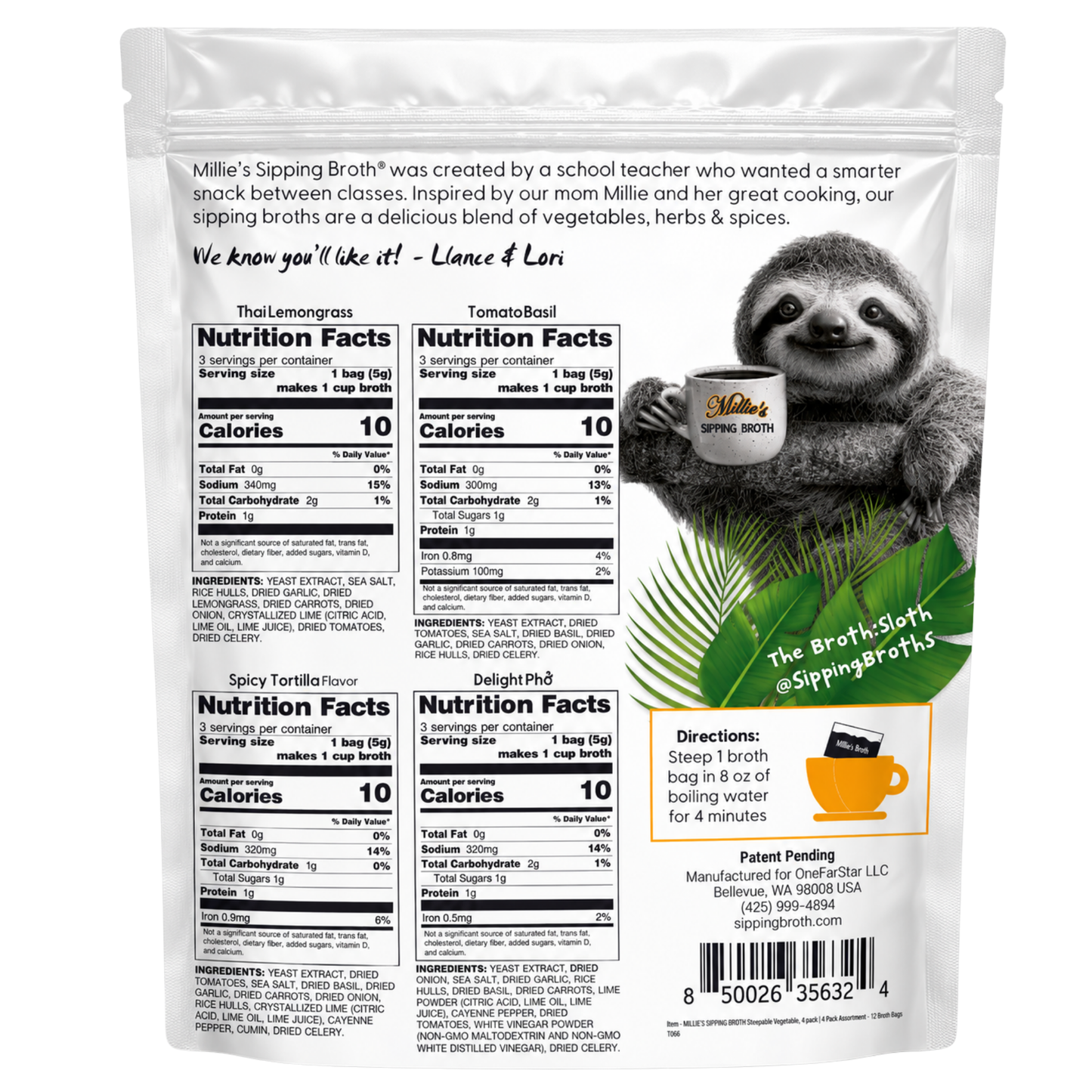 Millie's Sipping Broth 4 Flavor SNACK Assortment (12 Servings)