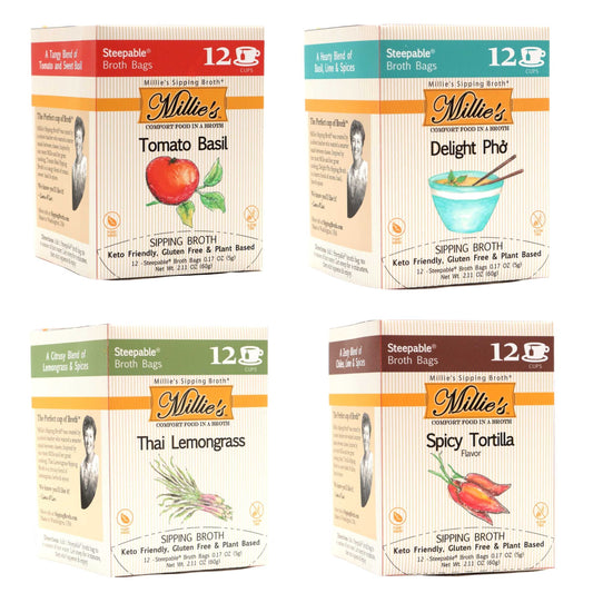 Millie's Sipping Broth 4 BOX Flavor Value Sampler (48 Servings)